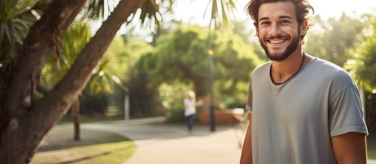 Fototapeta premium Young caucasian man in a park with a skate with happy expression. Creative banner. Copyspace image