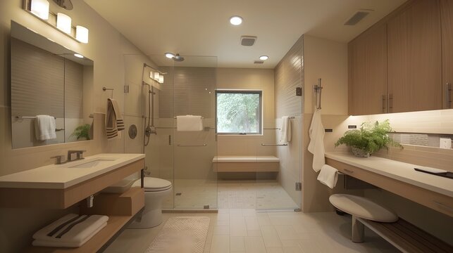 Bright and Accessible Contemporary Bathroom with Roll-in Shower and Handrails