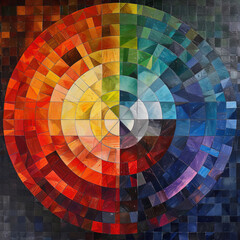 Intricate stained-glass artwork featuring a vibrant geometric abstract design, showcasing a spectrum of colors and detailed craftsmanship.
