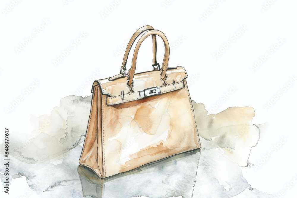 Poster a handbag sits on a table with a flat surface, possibly in a room or office setting