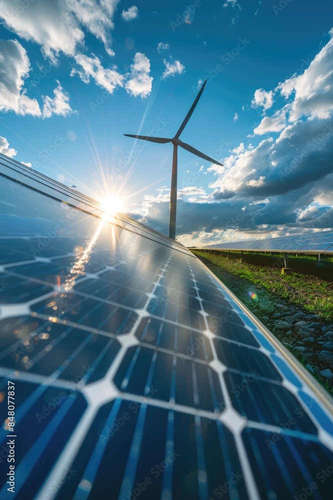 Poster solar panel installation scene with a wind turbine in the background