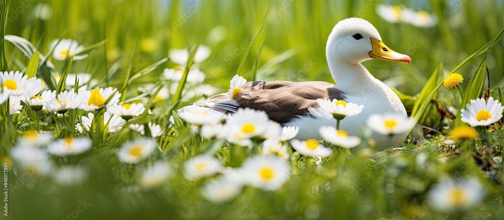 Wall mural duck in the green grass with spring daisy flower. creative banner. copyspace image