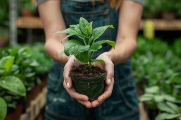 Woman Holding Potted Plant in Greenhouse