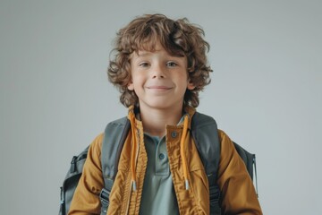 Smiling boy with curly hair wearing a yellow jacket and backpack
