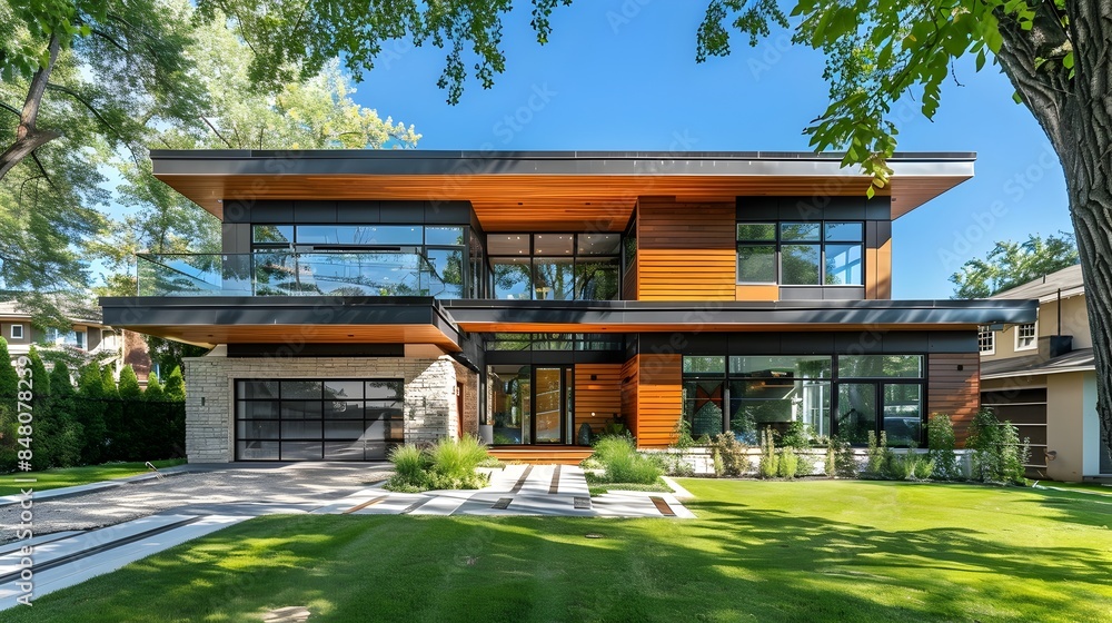 Poster sleek and accessible modern house with smart home features and bright open layout