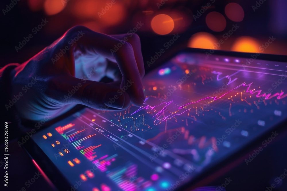 Poster a person holding a tablet with a vibrant screen, perfect for displaying digital art or presentations