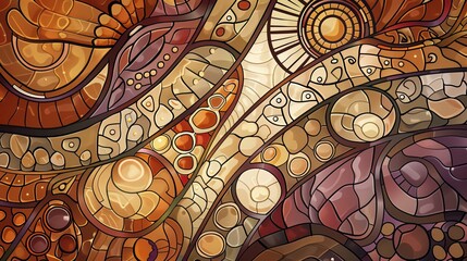 Intricate stained-glass artwork featuring abstract patterns in earthy tones, showcasing detailed craftsmanship and a harmonious color palette.

