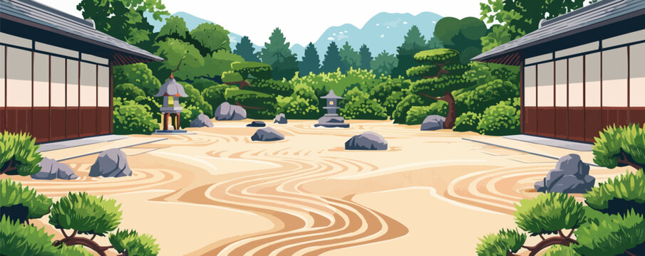 A tranquil Japanese zen garden with carefully raked sand and stone lanterns. Vector flat minimalistic isolated illustration.