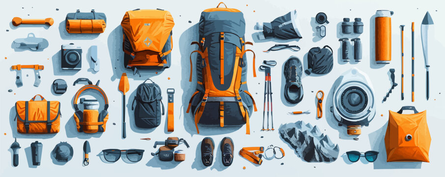 Outdoor adventure gear and camping equipment for backpacking on a clean white surface. Vector flat isolated