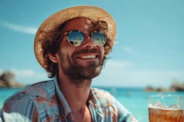 
Man Relaxing at Beach with Drink