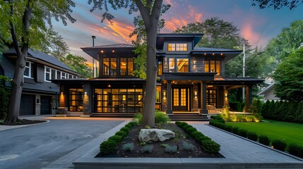 Naklejka premium Stylish and Accessible Modern House with Vibrant Lighting and Open Layout