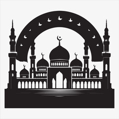 minimal mosque vector art illustration, silhouette on black, white background 