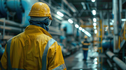 A worker in a yellow jacket and hard hat, standing in a busy, well-lit factory, facing away from the camera.