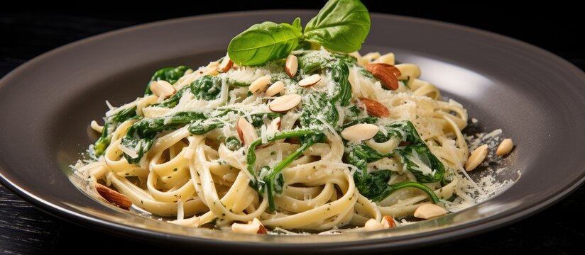 Homemade pasta with spinach parmesan cheesse and almonds. Creative banner. Copyspace image