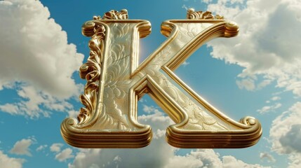 A single golden letter K floating on a partially cloudy blue sky with a clear blue horizon