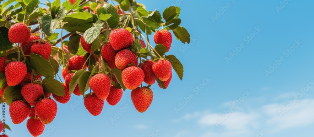 Aufkleber red strawberry tree closeup view. creative banner. copyspace image