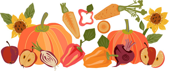 Local farm food promo banner or flyer design with vegetables. Banner or poster with harvest of vegetables.