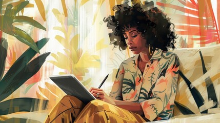 Woman Drawing on Tablet in Artistic Setting