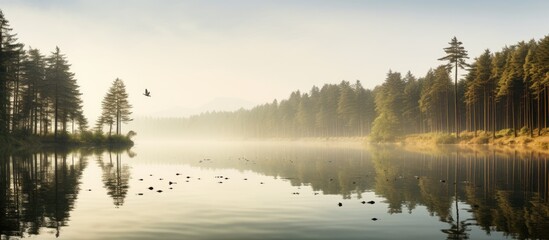 Landscape lake in the woods The tall pines reflected in the water Seagulls fly. Creative banner. Copyspace image
