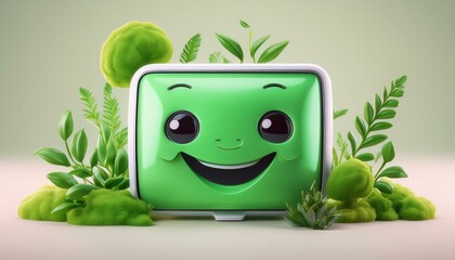 Écran avec un smiley vert, entouré de végétation