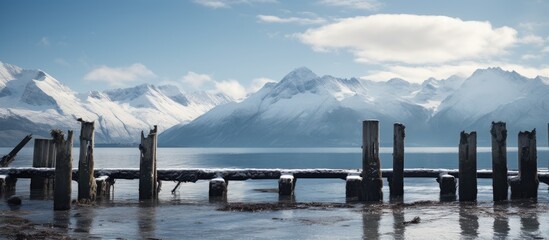 One old pier against the backdrop of snowy mountains. Creative banner. Copyspace image
