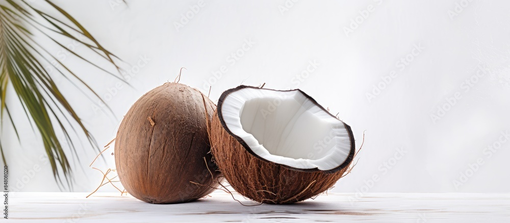 Poster green coconut on the tree pace on white isolated background. creative banner. copyspace image