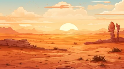 Fototapeta premium A tranquil desert landscape at sunset with distant rock formations and a serene atmosphere.