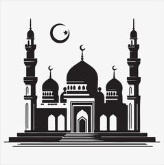 Fototapeta premium minimal mosque vector art illustration, silhouette on black, white background 