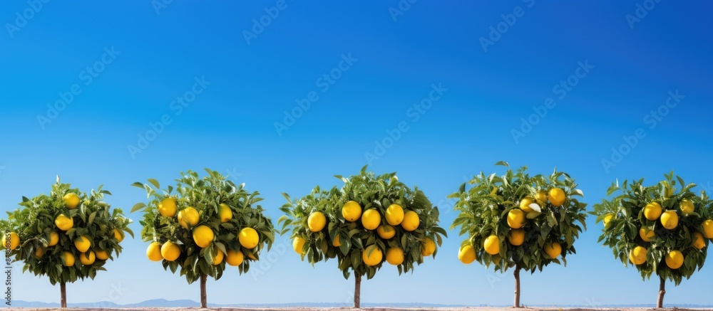 Poster lemon trees line in blue sky. creative banner. copyspace image