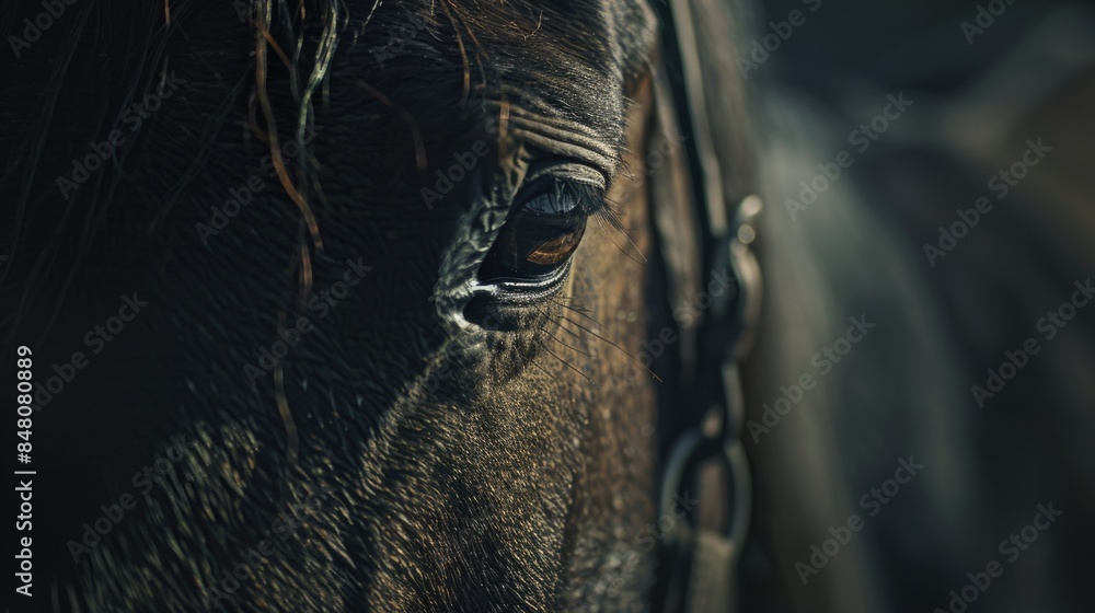 Poster a detailed view of a horse's eye and bridle, suitable for use in equine-themed projects or as a desi