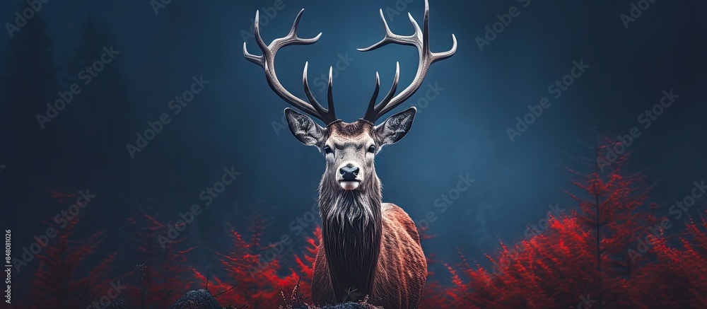 Poster special deer with red ears looked curios directly into the camera. creative banner. copyspace image