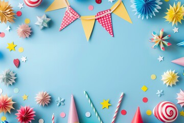 Fototapeta premium Colorful birthday party decorations arranged on a blue background, copy space