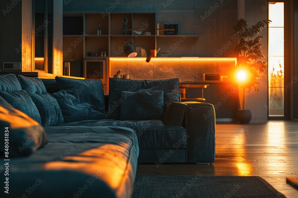 Poster a warm and inviting living room with comfortable furniture and a large window offering a view of the