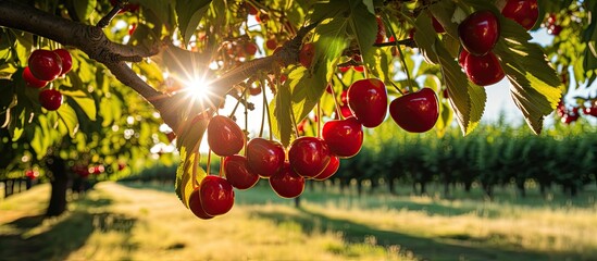 Cherry fruit ripening on trees in the summer sun Fruit orchard industrial cultivation. Creative...