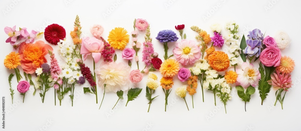 Poster top view of head shot flowers full depth of field on the photo big collection set of various colorfu
