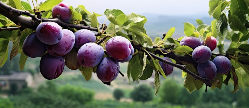 Plums on a tree branch in a garden Agriculture Haversting background Plum garden. Creative banner. Copyspace image