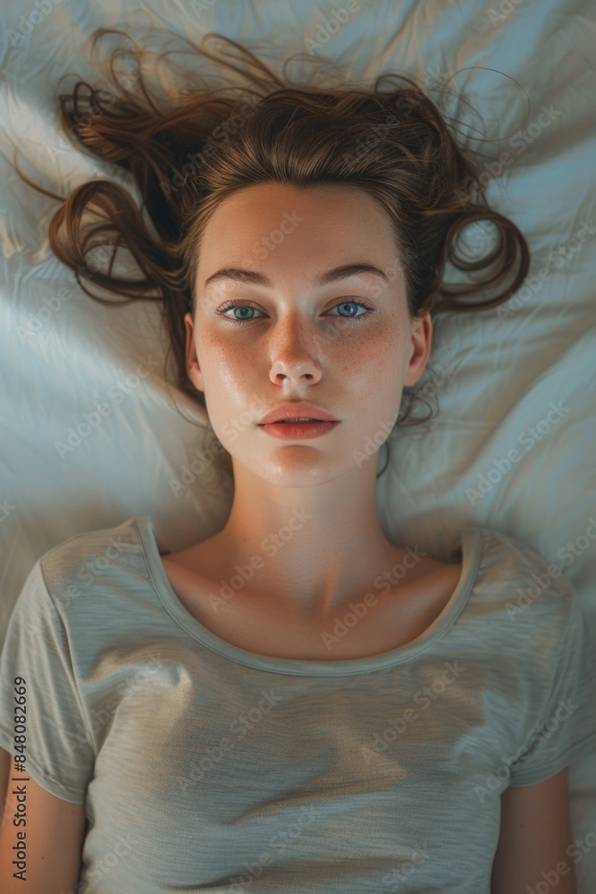 Canvas Prints A person lying down on a bed, accompanied by a pillow