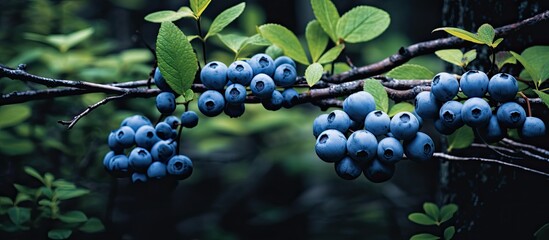 Wild blueberry bush with blue berries in the forest. Creative banner. Copyspace image
