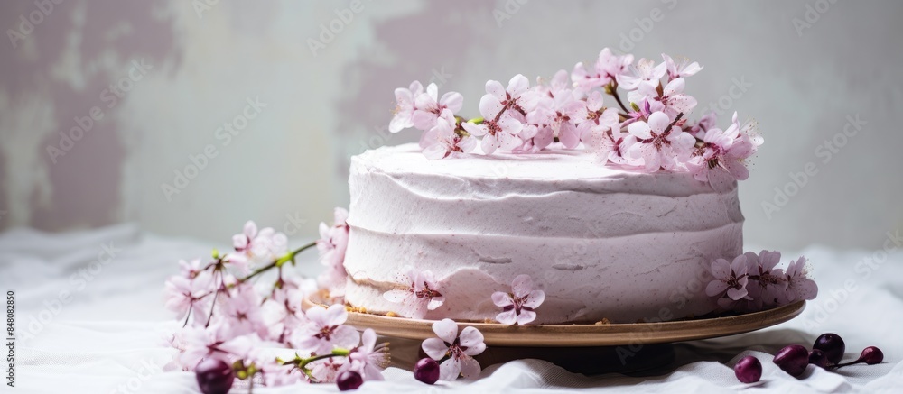 Poster homemade cherry cake with cream mascarpone on a light background and a bouquet of cherry flowers and