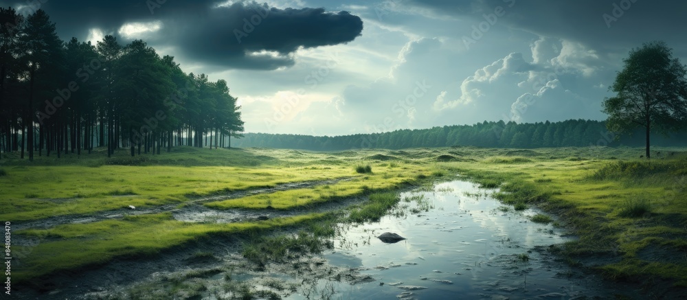 Poster road with puddle across the field landscape after rain with forest and overgrown field. creative ban