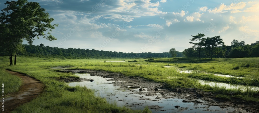 Poster road with puddle across the field landscape after rain with forest and overgrown field. creative ban
