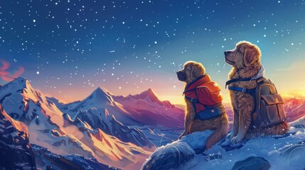 Fototapeta premium Two Golden Retrievers on a Snowy Mountain Peak.