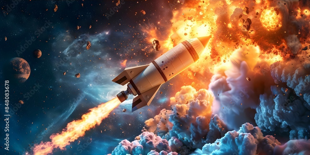 Poster escape of a rocket from an exploding planet amidst a dramatic space scene with cosmic backdrop. conc
