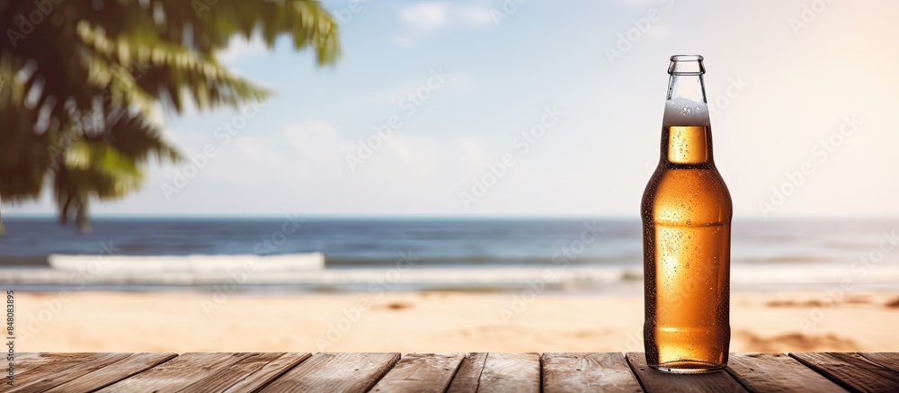 Poster opened bottle of beer with condensation on the wooden table blurred sparkling sea at the background 