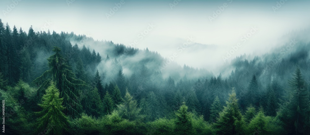Poster image of nature with sky fog and forest. creative banner. copyspace image