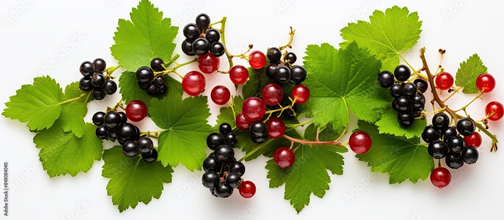 Poster mix of red currant and black currant with green leaf isolated on a white background healthy food top
