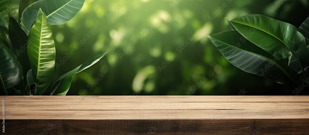 Aufkleber wood plank with abstract natural green leaf background for product display. creative banner. copyspa
