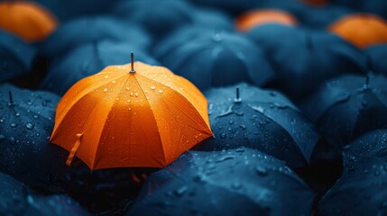 A orange half transparent umbrella in the middle of a flock of black half transparent umbrellas