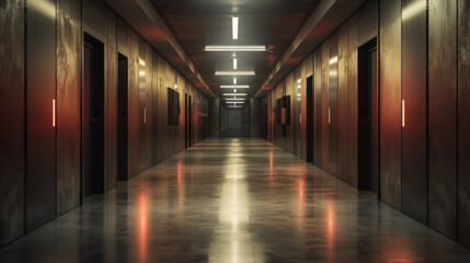 A dimly lit hallway with reflective surfaces and modern lighting, creating a mysterious and elegant ambiance.