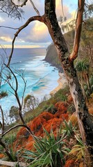 A photograph of a paradise island at dawn, with a sandy beach and an azure ocean. the scene is imbued with a sense of bliss, tranquility, and wild